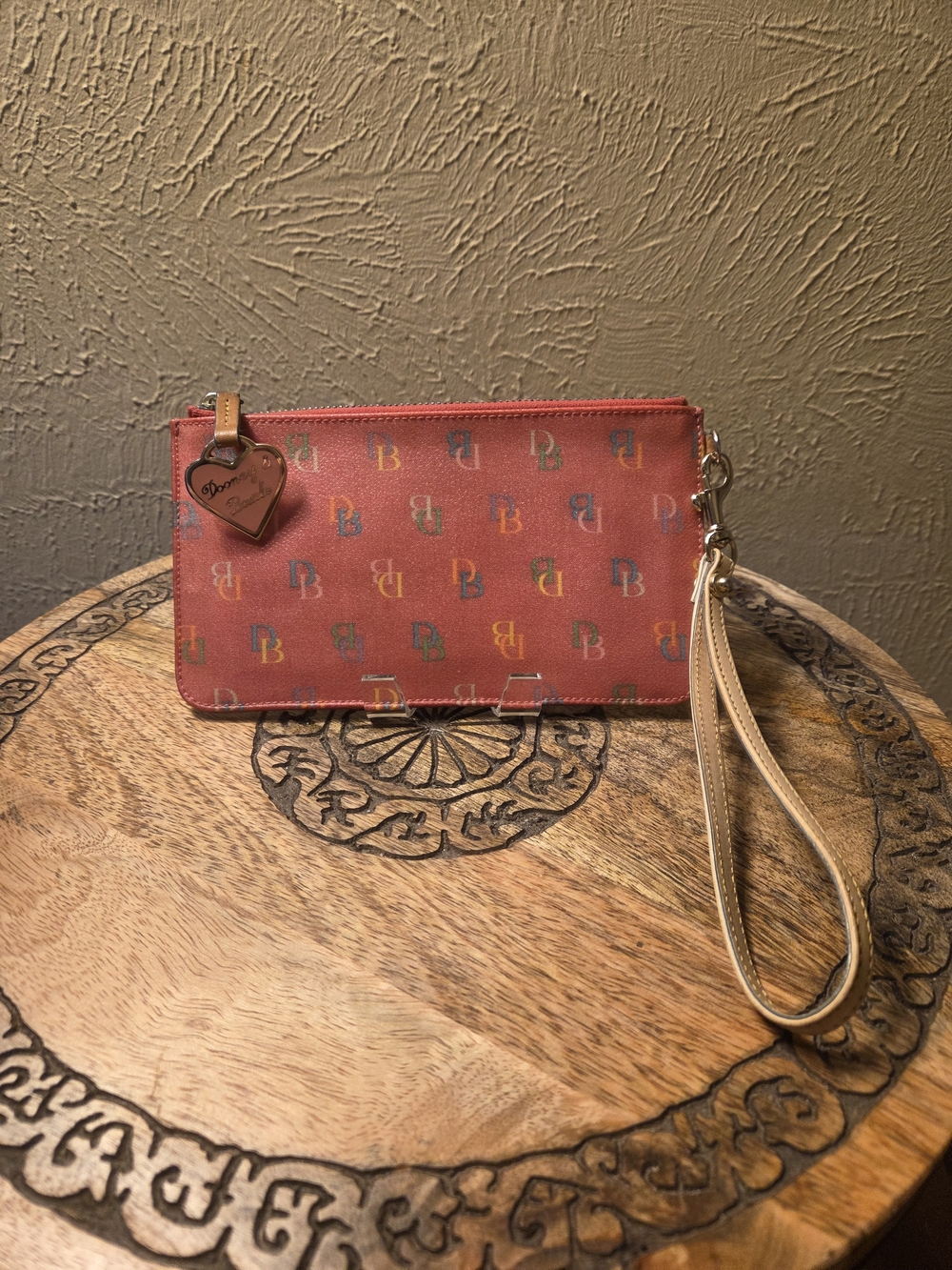 Dooney & Bourke Coral Pink Signature Wristlet w/ DB Print and Tan Strap